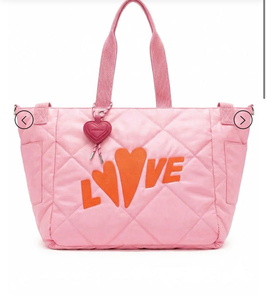 Miss goodlife borsa shopper trapuntata rosa con scritta love arancio e tracolla