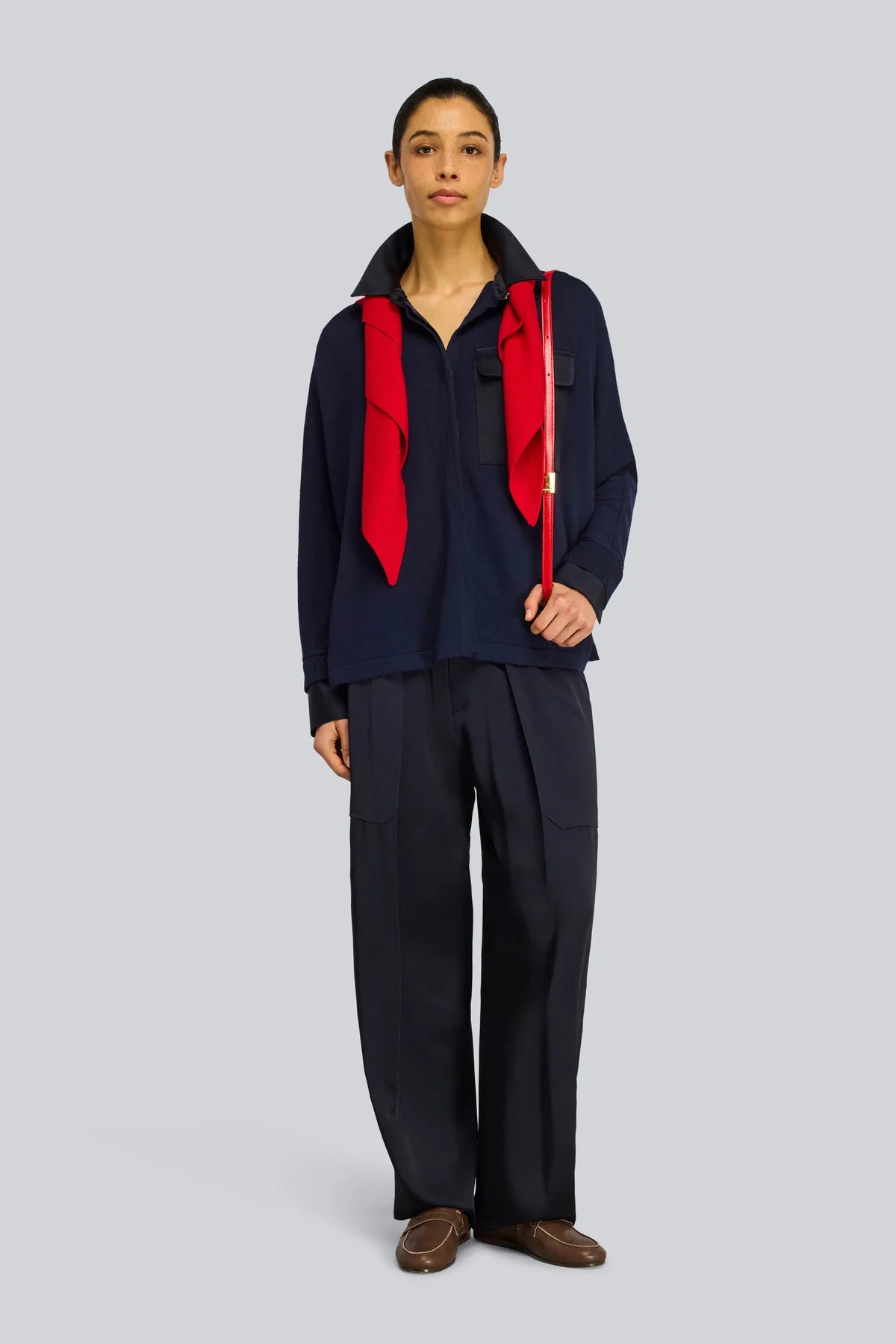 Semicouture maglia in lana blu con dettagli colletto polsini e tasca in enerversatin