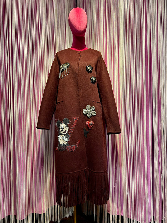 ABpink 🩷cappotto sfoderato Burgundy con frange e sciarpa rimovibile, patch cristalli e patch paillettes topolino