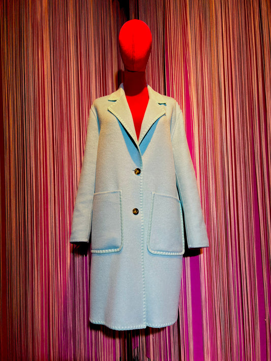 Sincere Paris cappotto celeste con tasche bordate di celeste