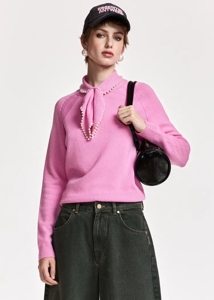 Essentiel antwerp maglia mista lana e cachemire rosa bubble con colletto decorato con perline