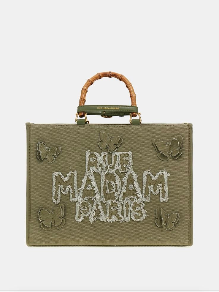 Rue Madam Paris -50% di sconto borsa manici bamboo logo sfrangiato applicazione patch farfalle canvas verde con tracollo