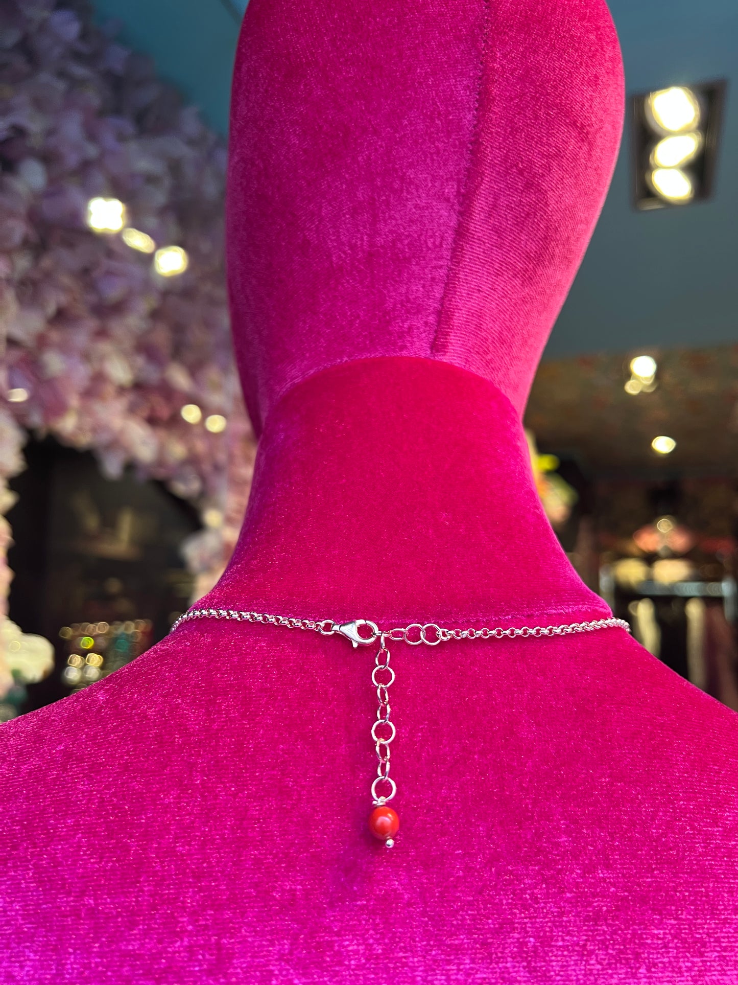 Collana lunga argento rosa corno quarzo rosa con cabochon corallo