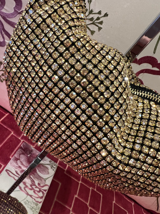 Love & roses borsa a mano full strass oro bronzato con tracollina dorata