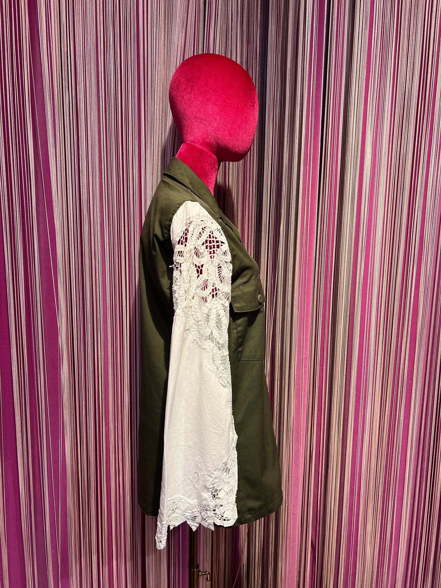 Front street giacca/camicia militare con manica pizzo bianco di cotone vintage