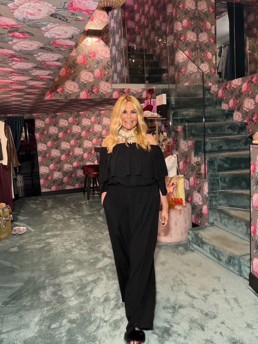 Love & roses completo nero oversize blusa scollo Bardot e pantalone palazzo con elastico in vita
