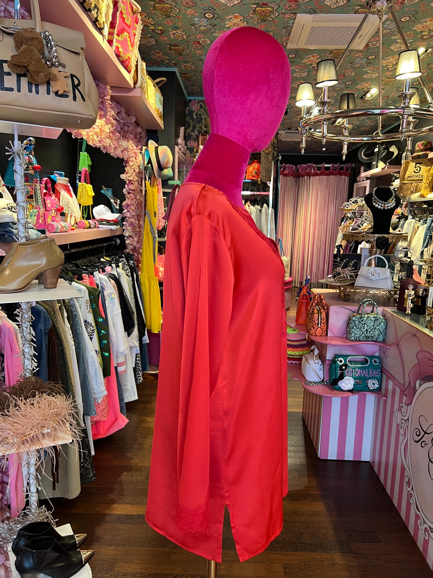 Pink memories camicia serafino con pizzo rossa