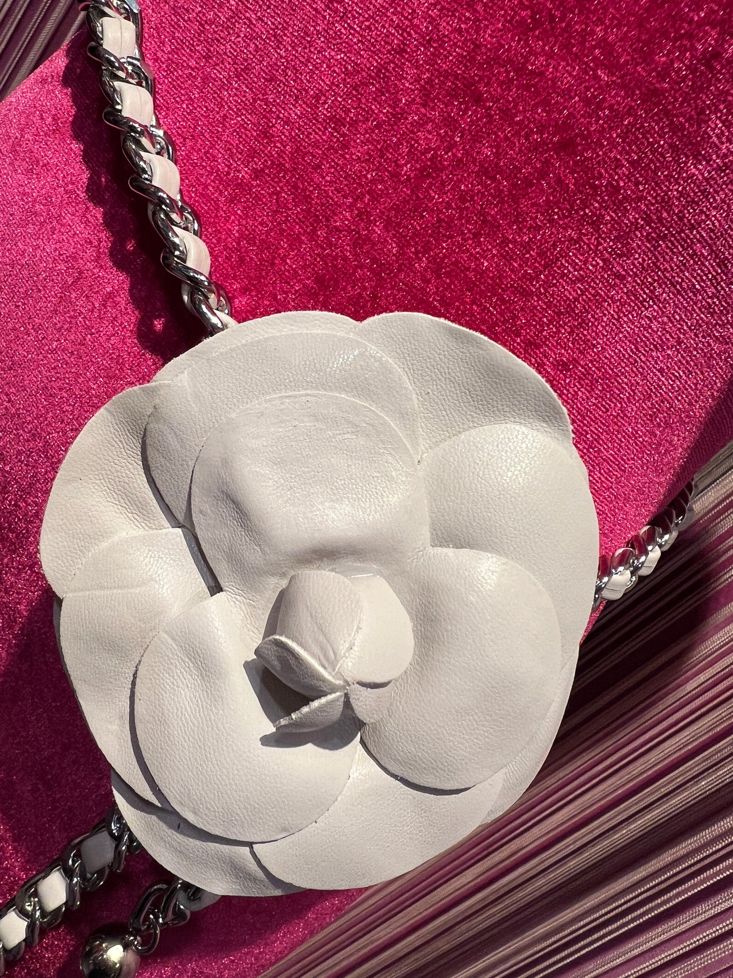 Cintura/ collana camelia bianca con catena argentata regolabile