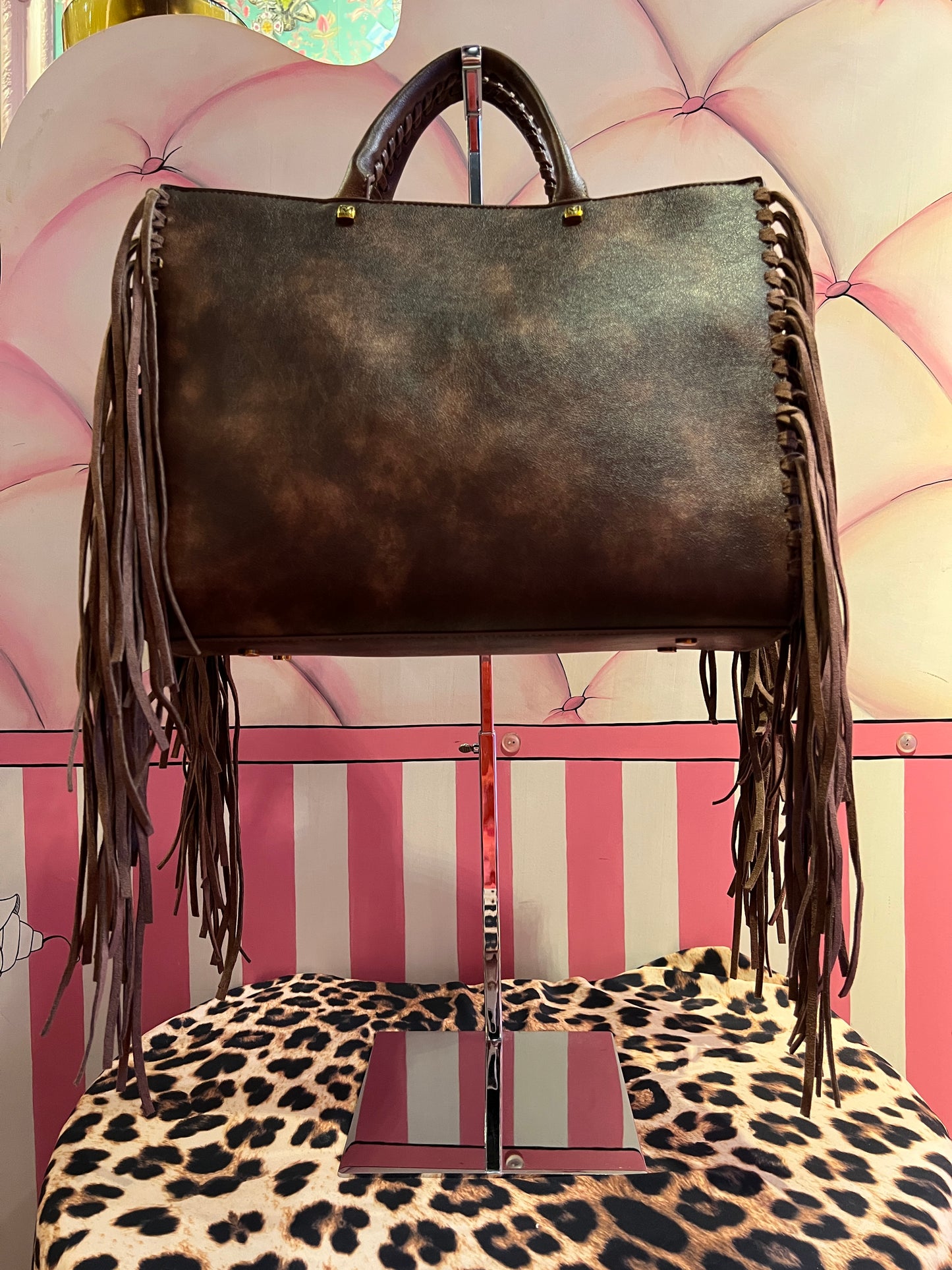 Rue Madam Paris borsa due manici vintage marrone con frange e tracolla Texas tote