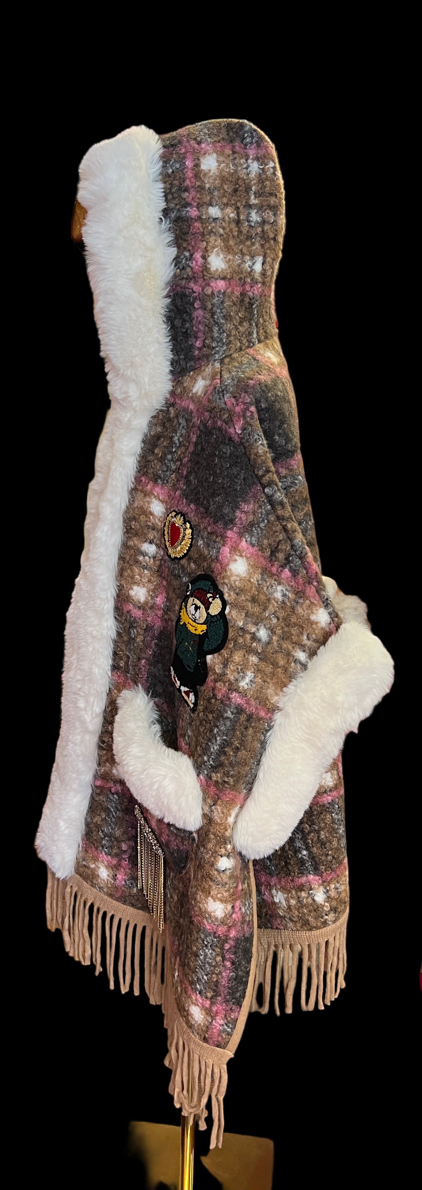 ABpink🩷 mantella boucle fantasia tartan con cappuccio, interno in ecopelliccia , patch teddy
