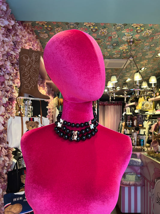 Choker a tre fili farfalle bronzo placcato oro e plexiglas nero