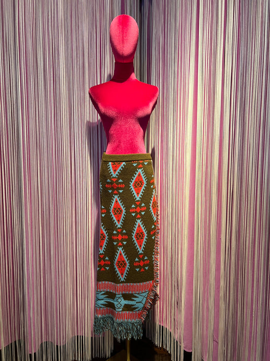 Colour market gonna jacquard con frange marrone rosso e turchese