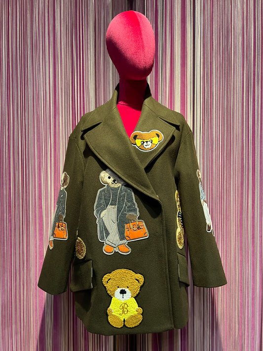 Caban Romantic luxury cost giacca / cappotto verde militare oversize doppiopetto con patch orsetti