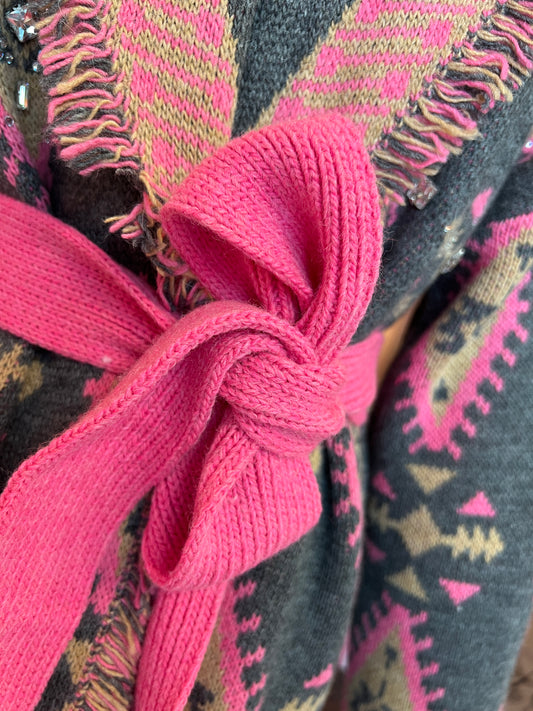 Colour market cardigan jacquard con cinta fucsia strass e frange grigio e fucsia