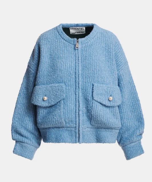 Essentiel antwerp giacca bomber in tessuto boucle’ azzurro chiaro collo removibile in ecopelliccia verde scuro
