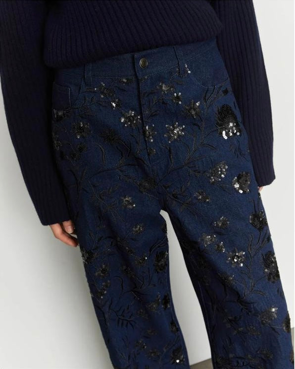 Isabelle Blanche Paris pantalone jeans denim con ricamo sul davanti