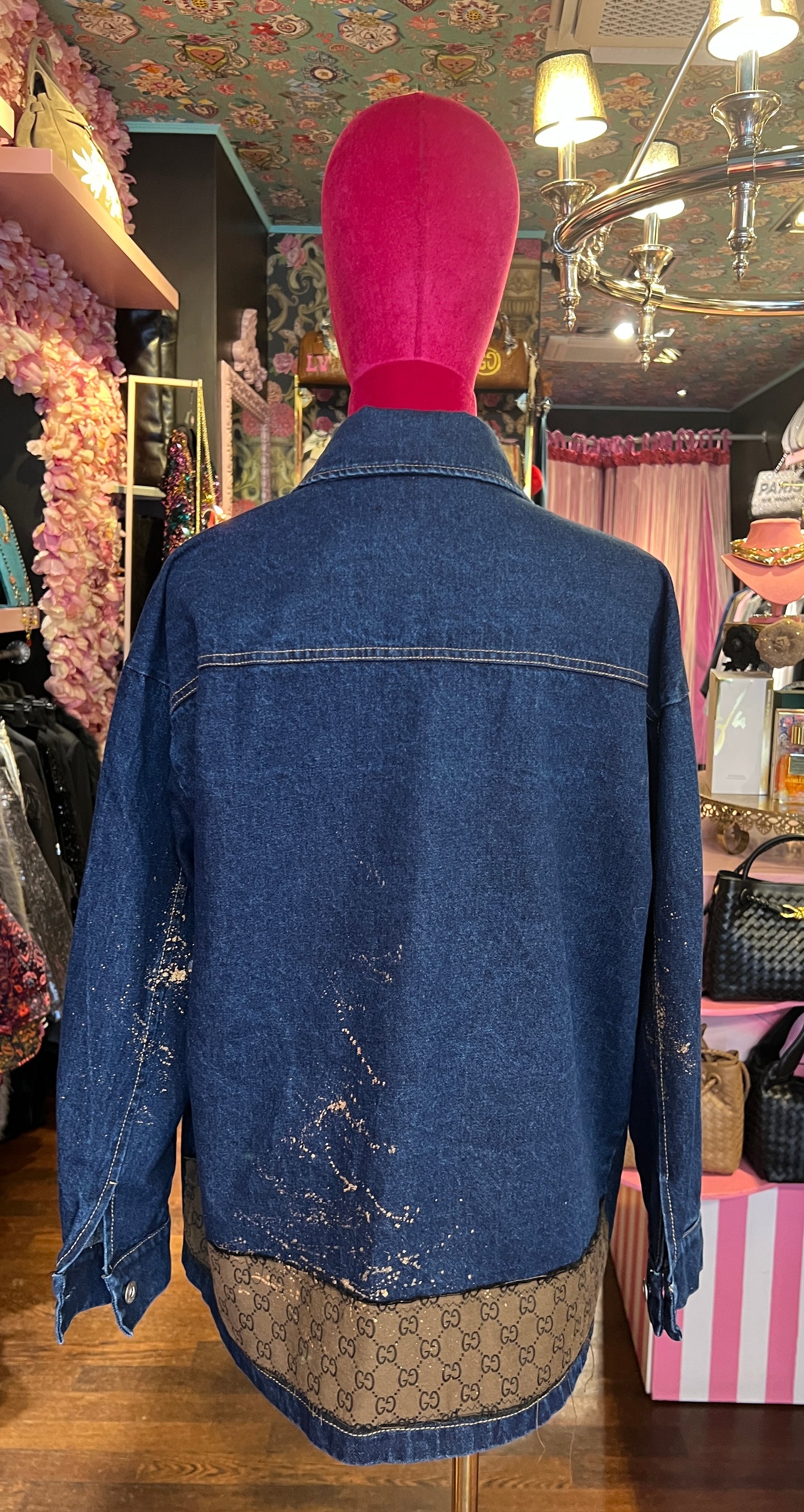 ABpink🩷 giacca camicia jeans con stoffa vintage marrone e patch