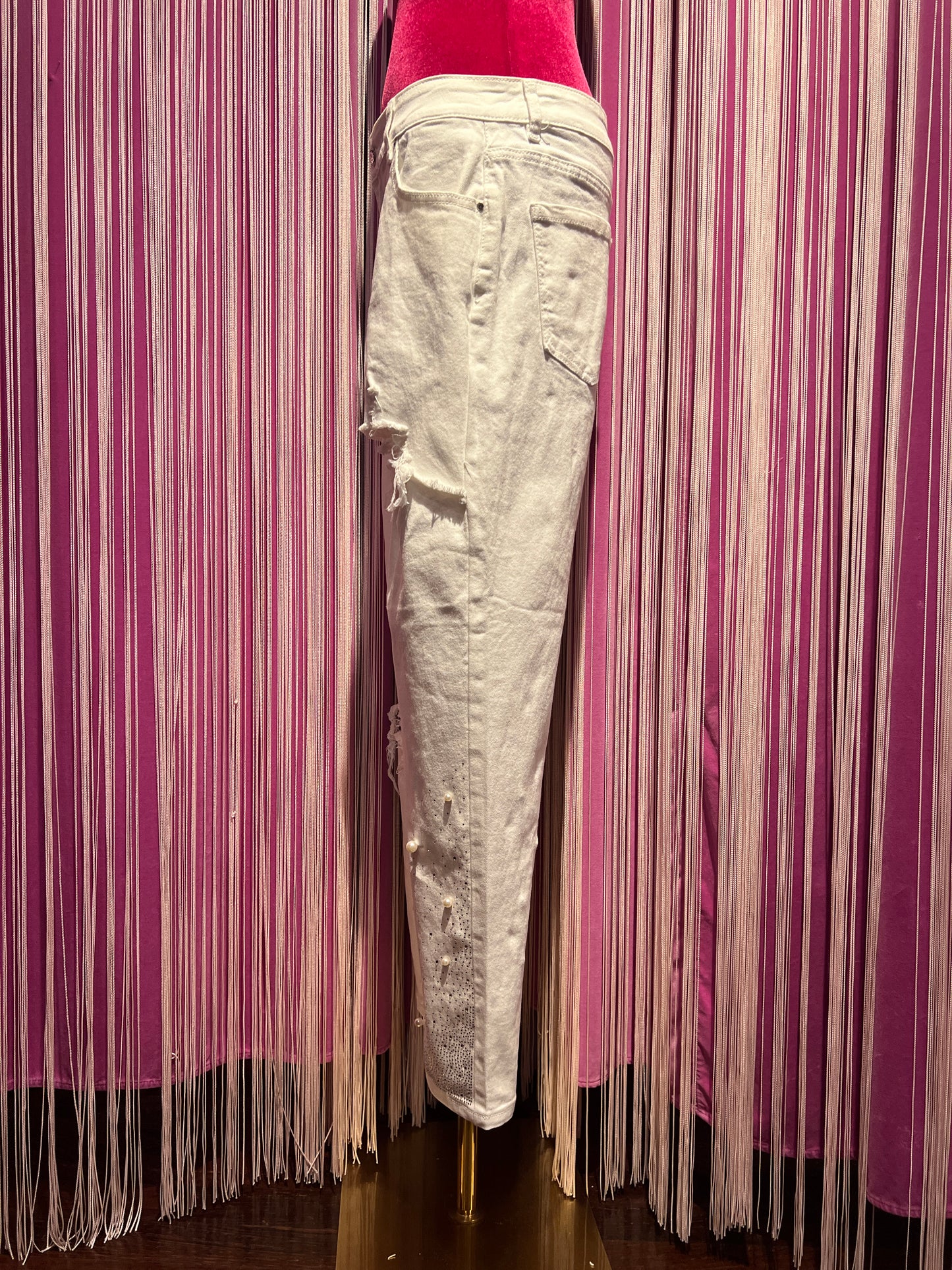 Love & roses -50%jeans tessuto elasticizzato con applicazioni perle e cristalli