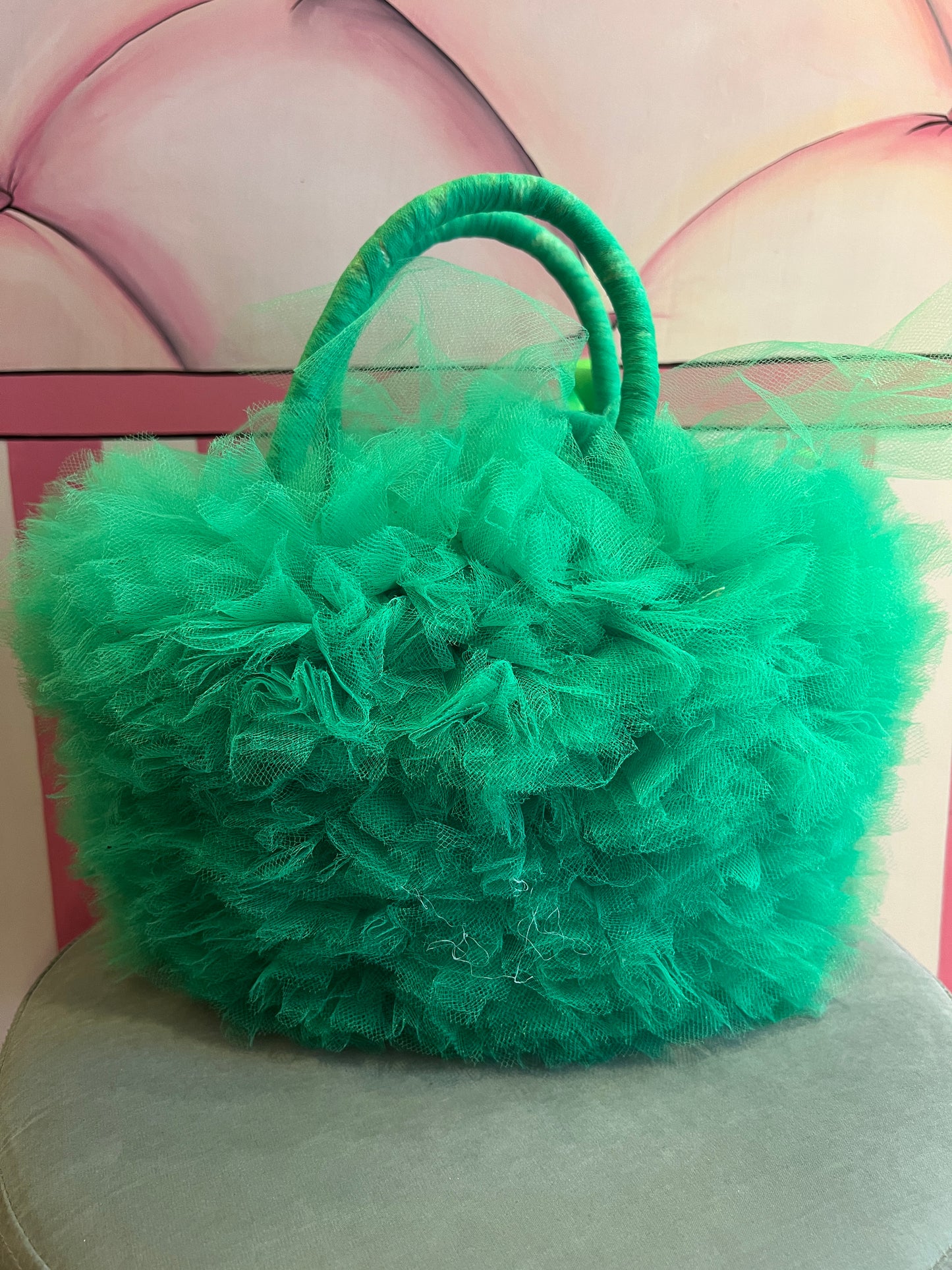 Monilia borsa paglia e tulle verde con patch ciliegie