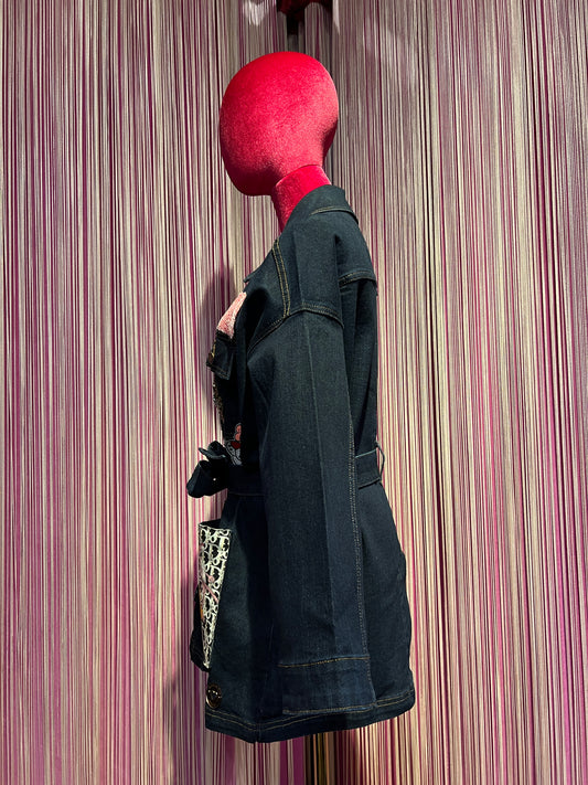 ABpink 🩷 giacca denim con cintura applicazioni pantera rosa