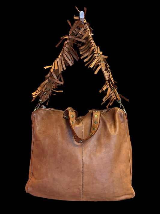 Love & roses borsa in pelle due manici colore cuoio con tracolla con frange ( la pelle utilizzata è naturale, le disomogeneità del colore e della grana sono caratterizzate intrinseche della materia prima)