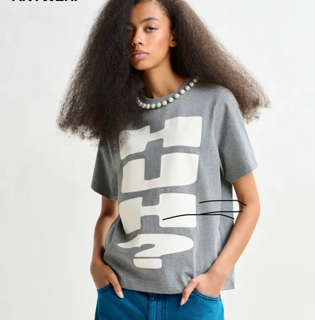Essentiel antwerp t shirt grigia con stampa “ Huh?” decorazione perle Isos