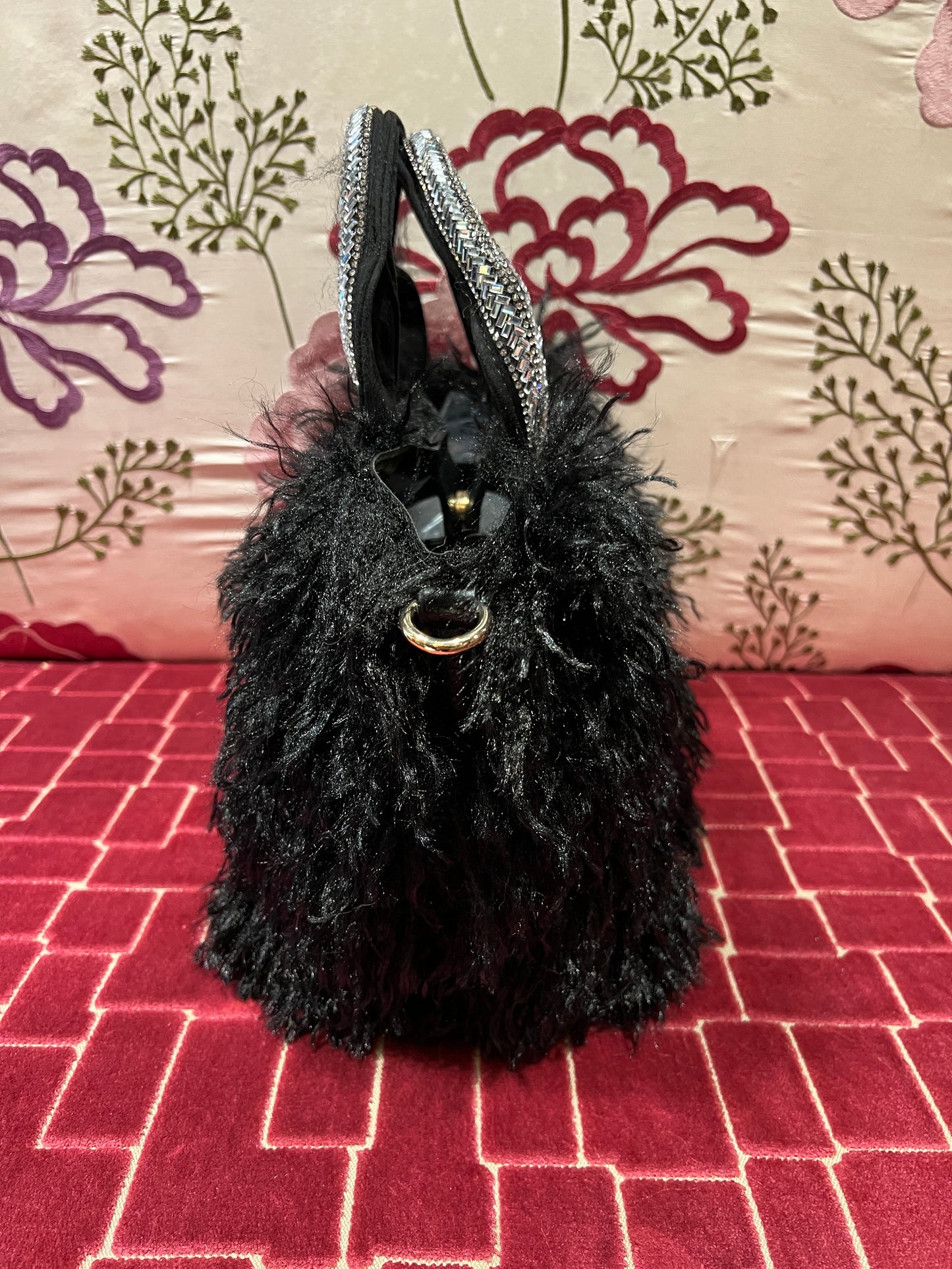 Borsa ecopelliccia nera piccola due manici Swarovski pochette e tracollina