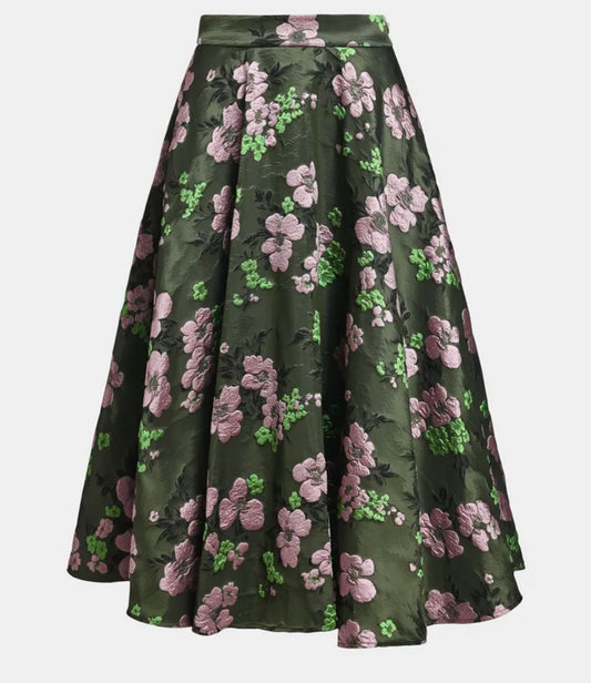 Essentiel antwerp gonna midi a ruota in jacquard floreale color cachi rosa e verde chiaro