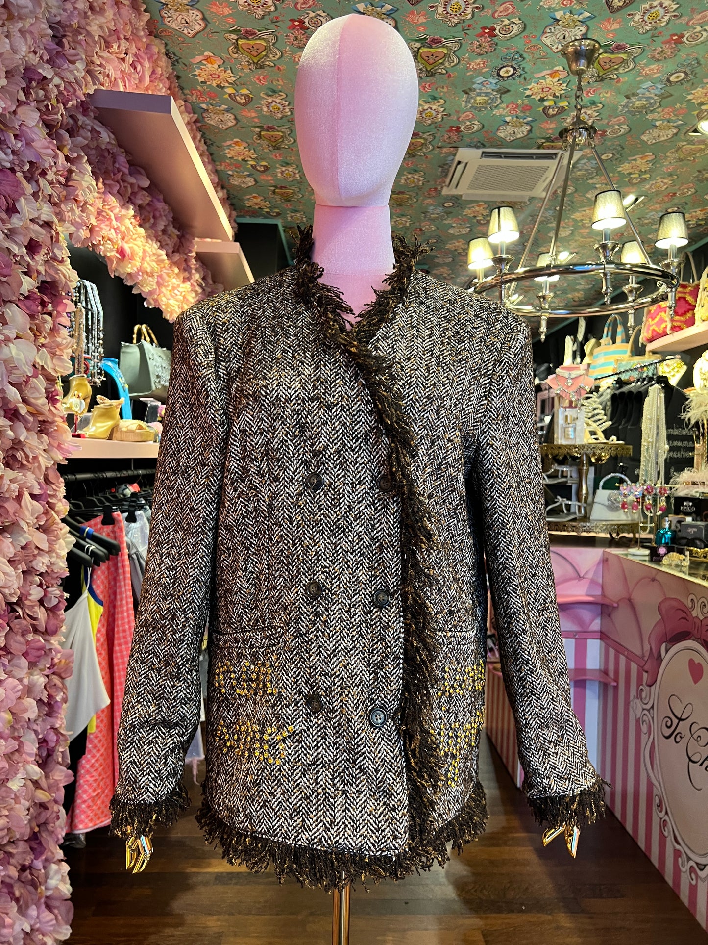 Front street giacca in tweed con scritta tasche e dietro cristalli