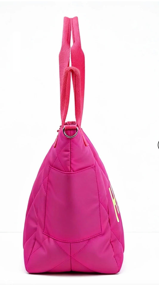 Miss goodlife borsa shopper trapuntata rosa neon con scritta happy giallo neon , tracolla