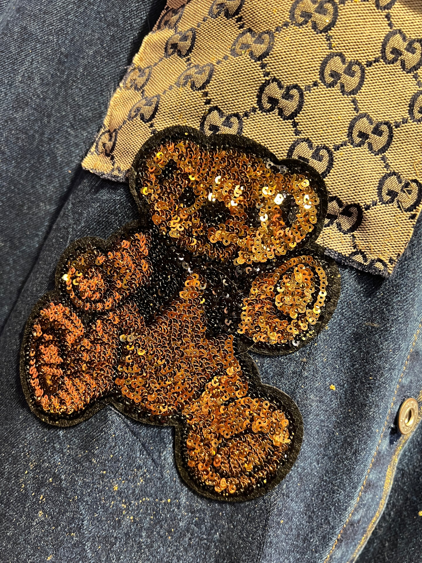 ABpink🩷 giacca camicia jeans con stoffa vintage patch orsetto paillettes oro