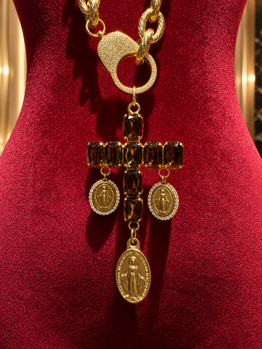 Tittibi collana lunga oro con croce di cristalli marroni e madonnine