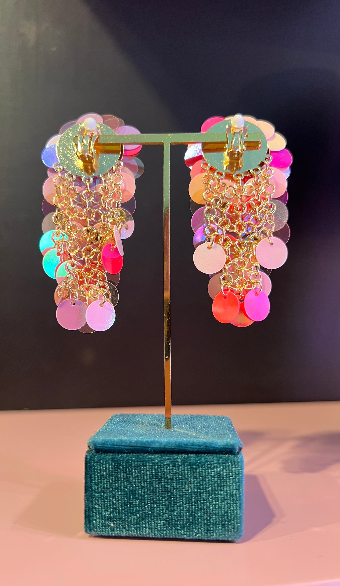 Orecchini clips fiore paillettes rosa