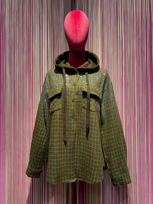 The room camicia giubbotto con cappuccio ,fantasia quadri e cristalli