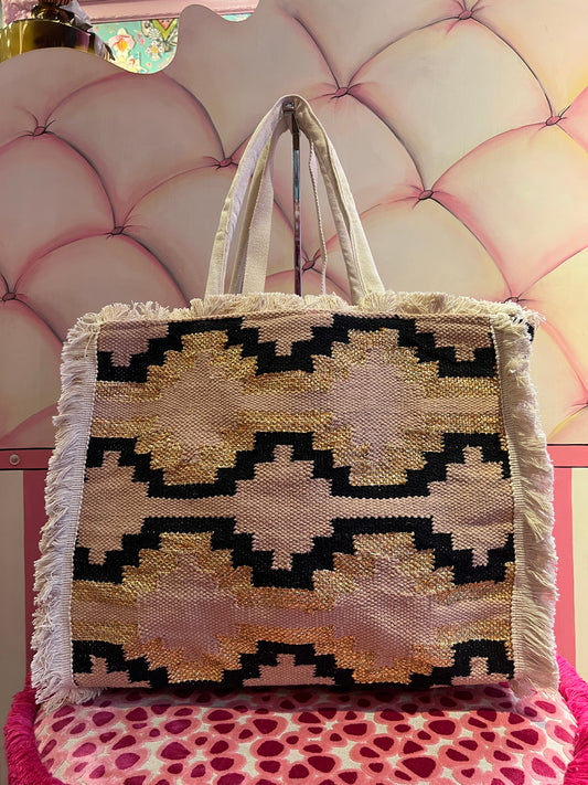 Borsa due manici tela con tracolla e disegni geometrici neri e oro