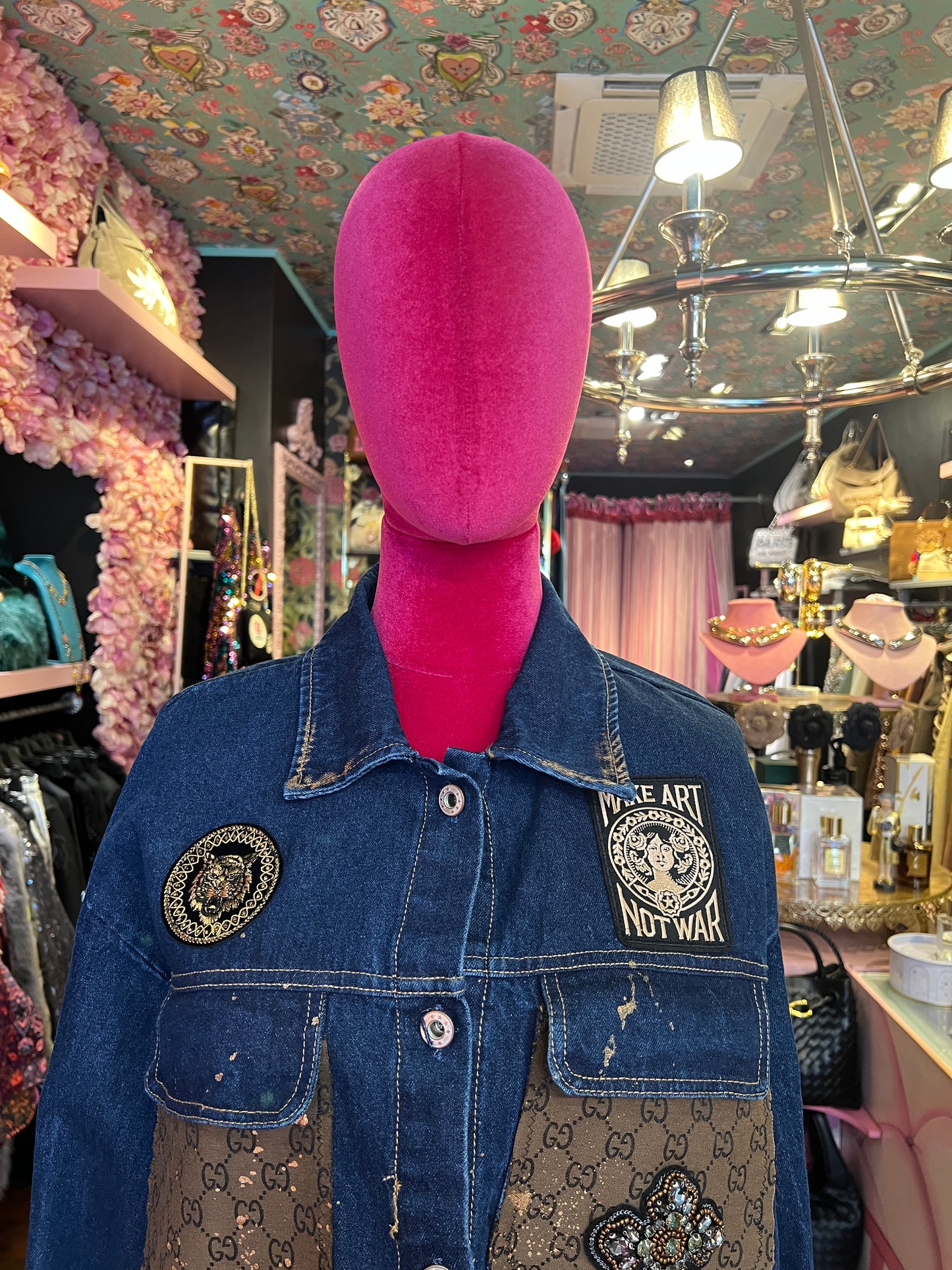ABpink🩷 giacca camicia jeans con stoffa vintage marrone e patch