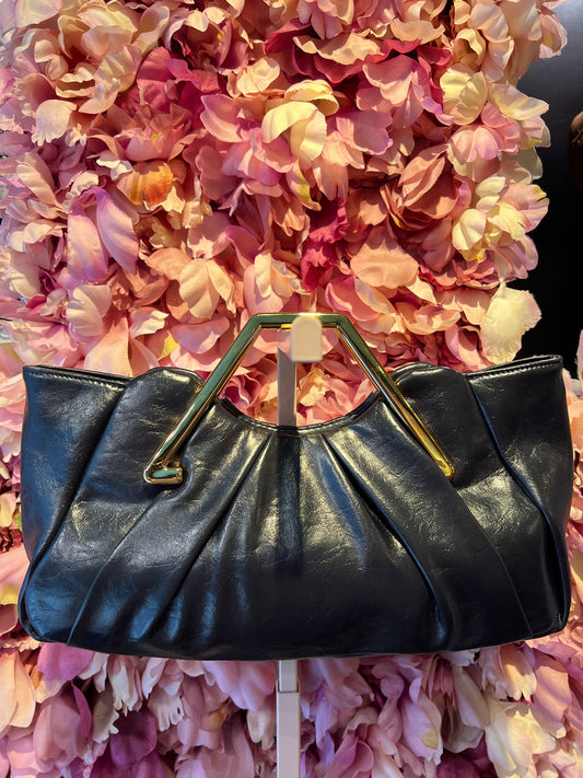 Borsa ecopelle con manico oro effetto metallo e tracolla, colore blu