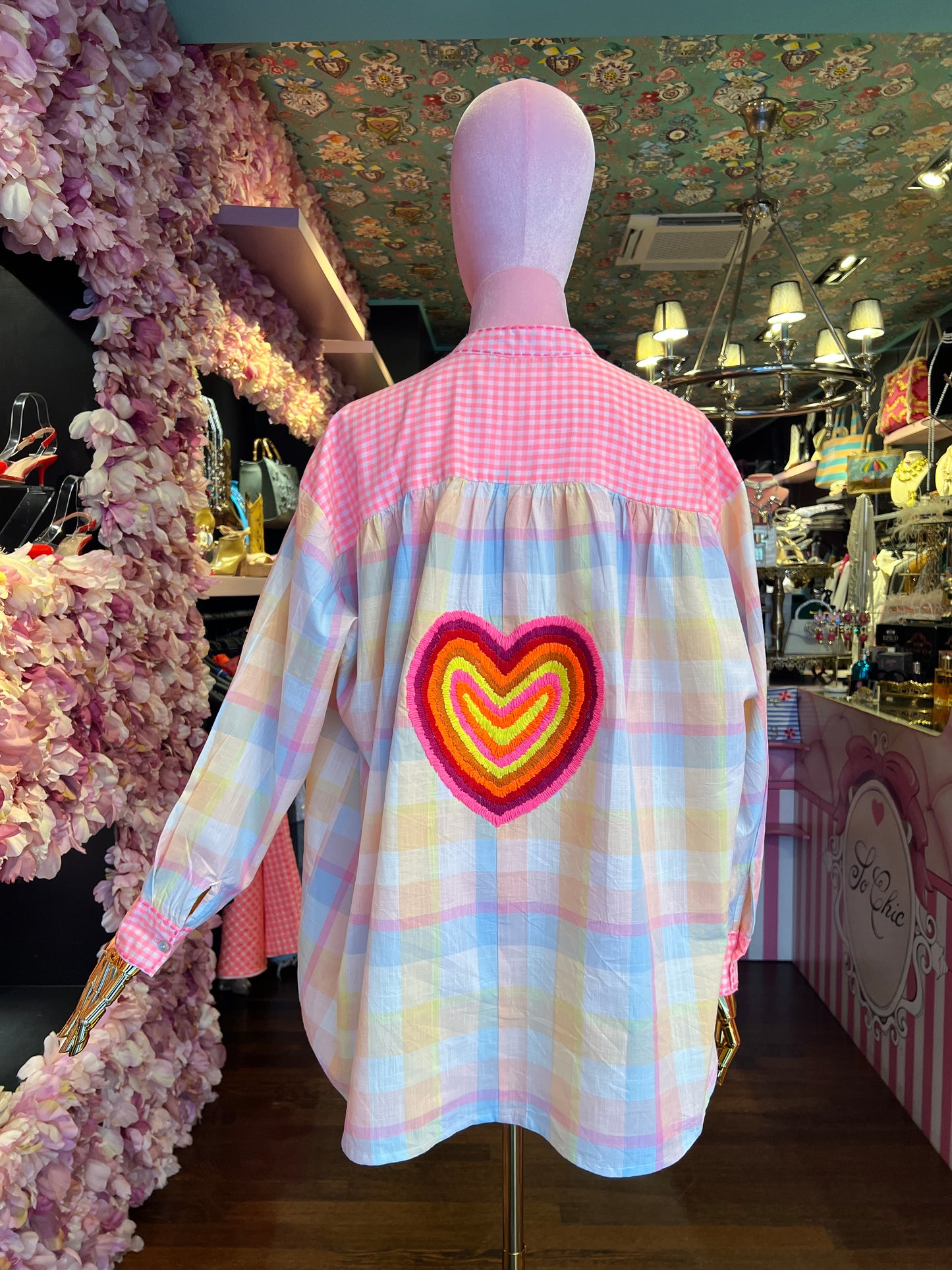 Mon amour Paris camicia fantasia quadri rosa celeste gialla con ricami flou