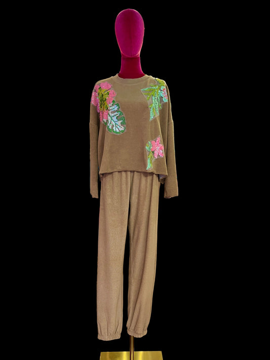Pink memories completo in spugna felpa con applicazioni fiori paillettes e pantalone jogger con elastico in vita cammello