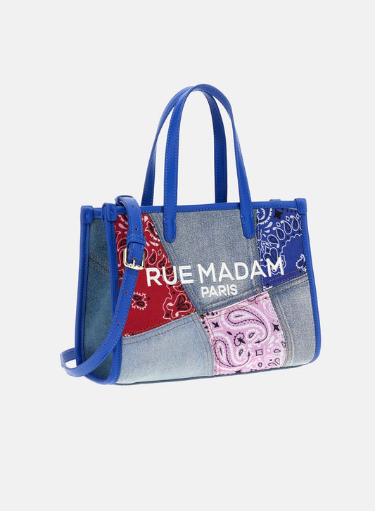 Rue Madam Paris mini shopping denim con patch stampa bandana e tracolla