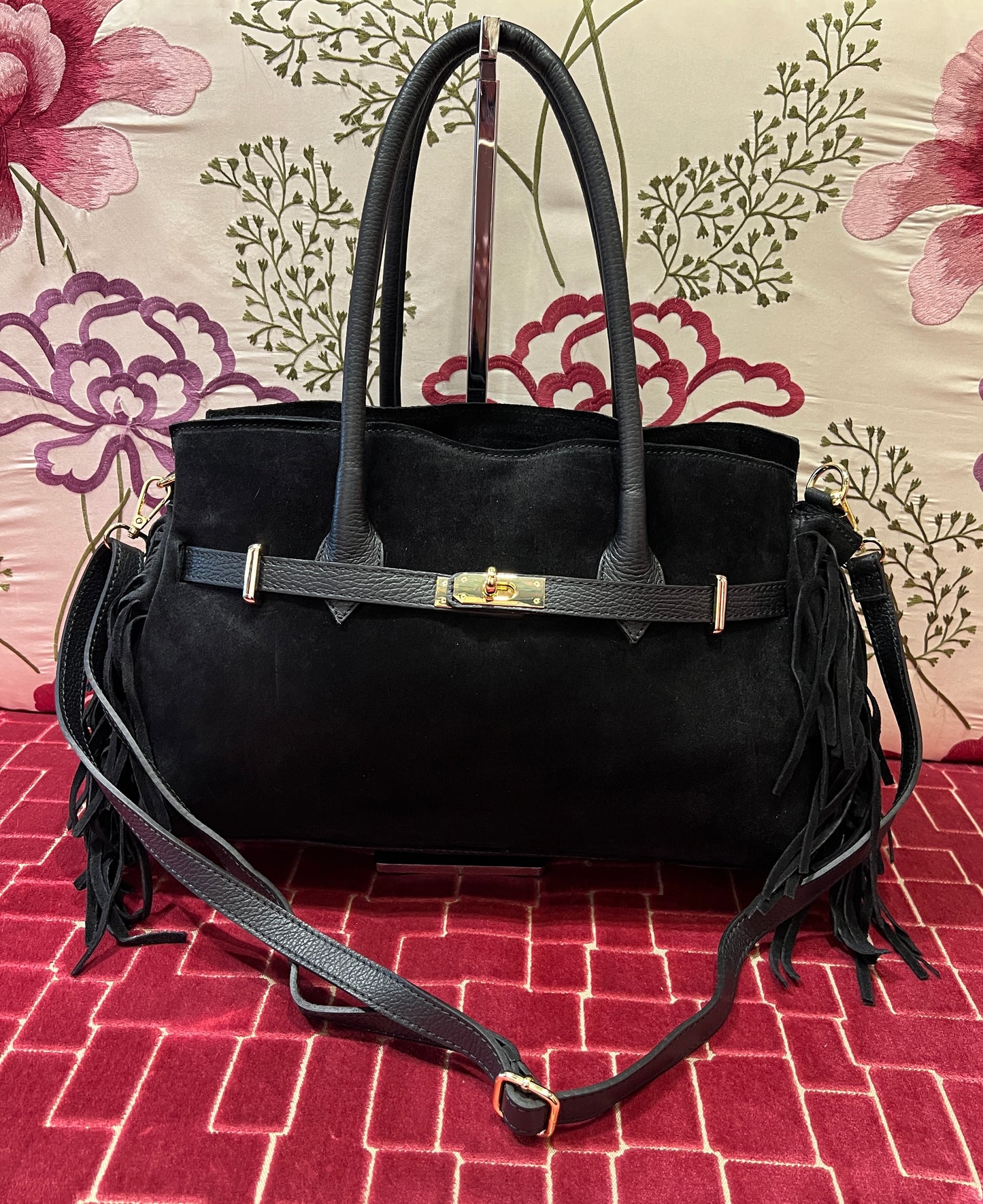 Love & roses borsa due manici nera con frange e tracolla