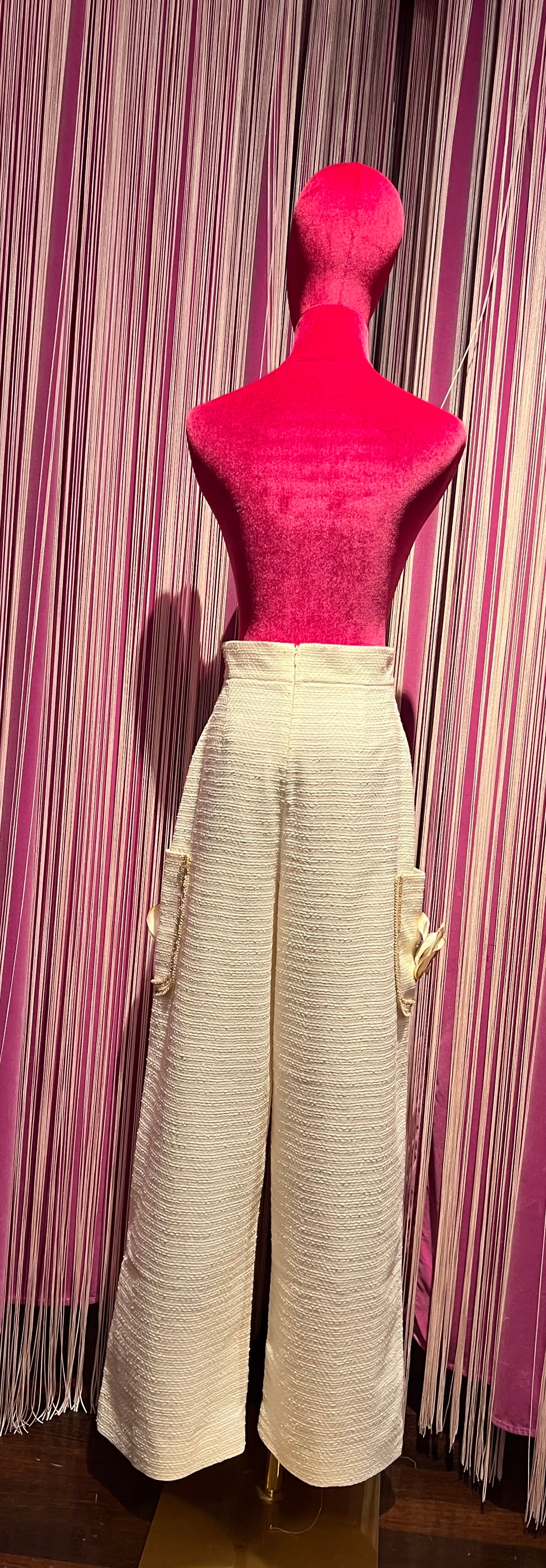 Clo’h meno 50% pantalone a palazzo juta panna con tasche profilo oro e camelia panna
