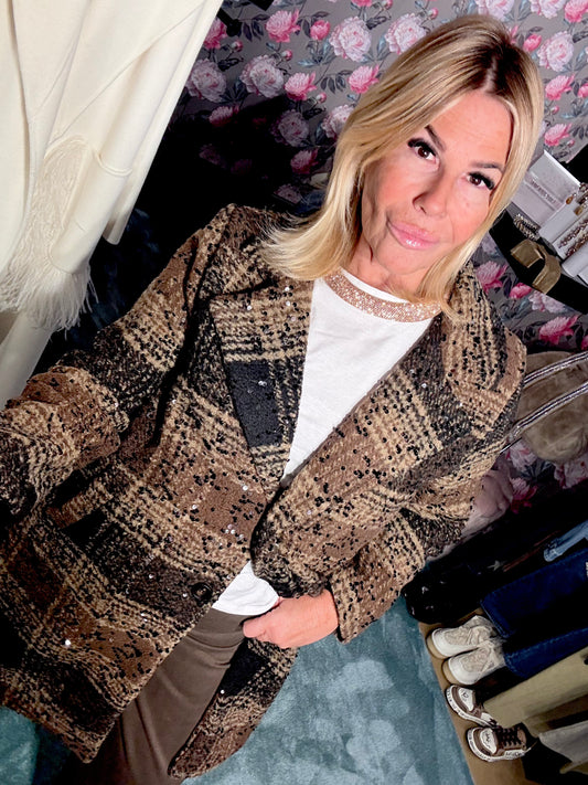 The Room cappottino tartan taglia unica ad un petto con micro paillettes nere