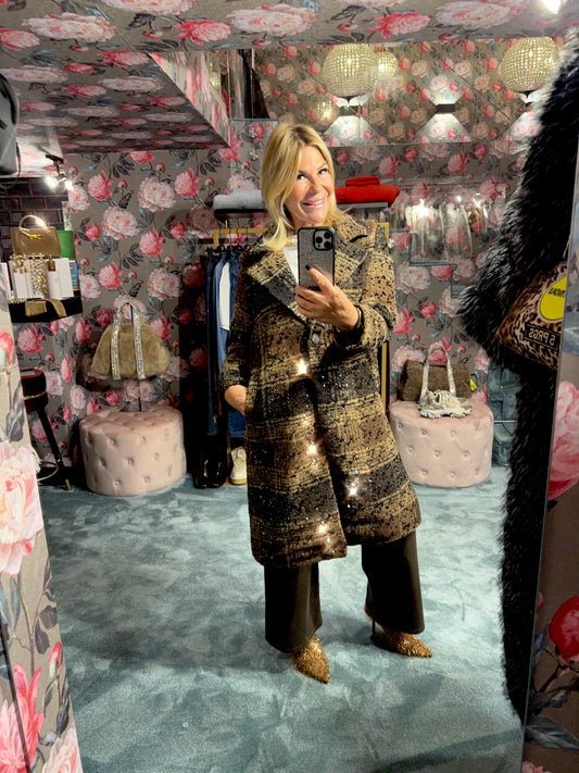 The Room cappottino tartan taglia unica ad un petto con micro paillettes nere