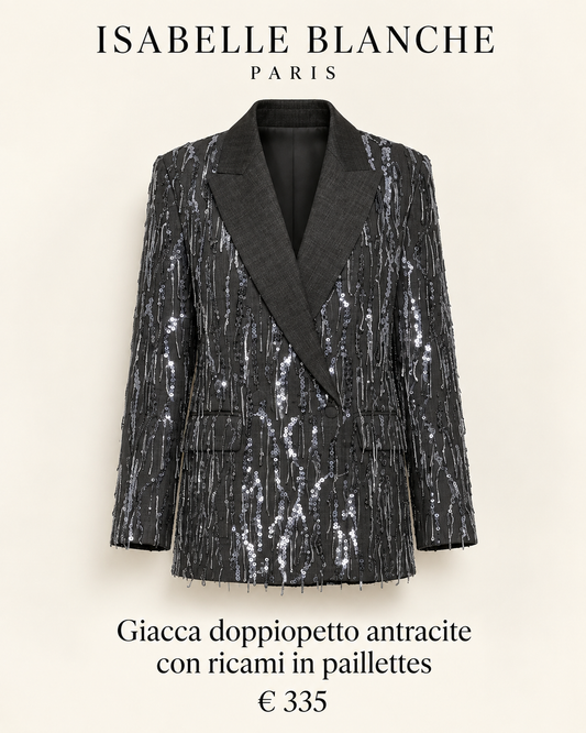 Isabelle Blanche Paris giacca doppiopetto antracite con ricami in paillettes