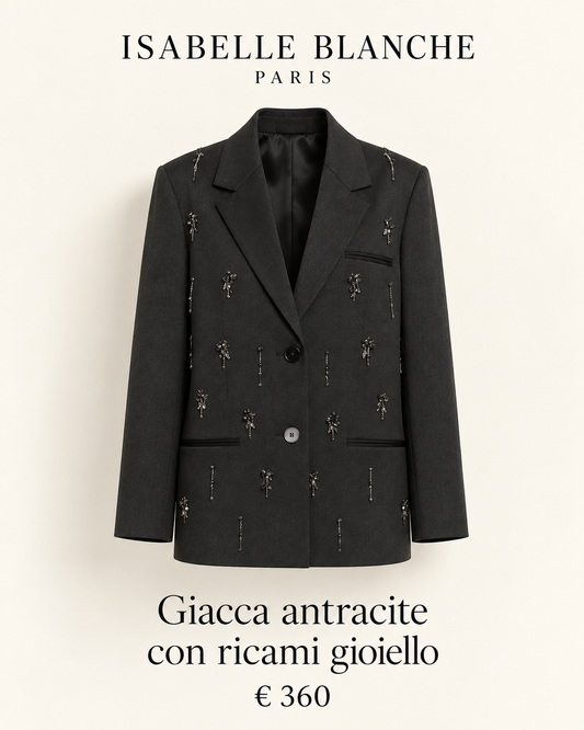 Isabelle Blanche Paris giacca antracite con ricami gioiello