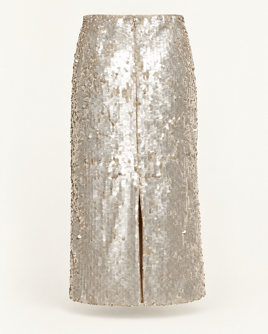 Isabelle Blanche Paris gonna midi in paillettes colore sabbia chiaro