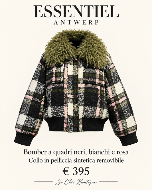 Essentiel antwerp giacca bomber a quadri neri , bianco e rosa con collo in pelliccia sintetica removibile