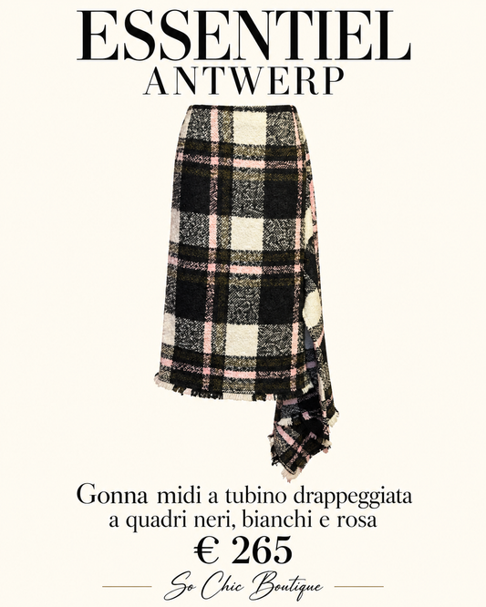 Essentiel antwerp gonna midi a tubino drappeggiata a quadri neri bianchi e rosa