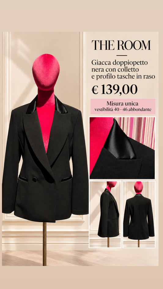 The room giacca doppiopetto nera con colletto e profilo tasche in raso